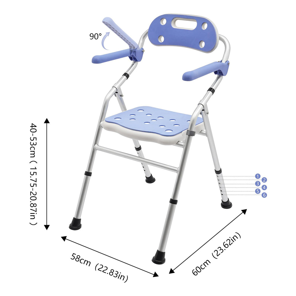 Folding Shower Seat with Arms and Back, Height Adjustable Non-Slip Bath Bench, 330lbs Capacity, Blue P860