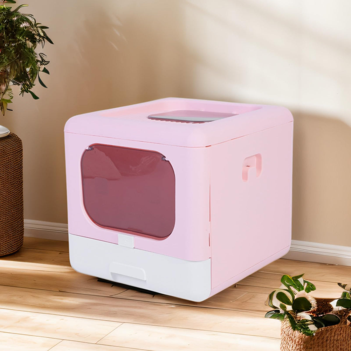 Foldable Top Entry Cat Litter Box with Lid and Scoop Large Size Pink C6962
