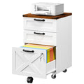 3 Drawer File Cabinet with Lock, Mobile Rolling Office Cabinet, White and Walnut E861521