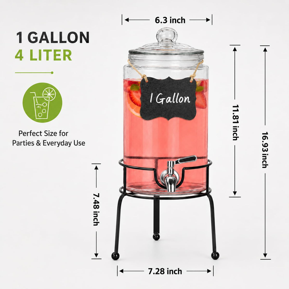 1 Gallon Clear Glass Beverage Dispenser with Stand K399