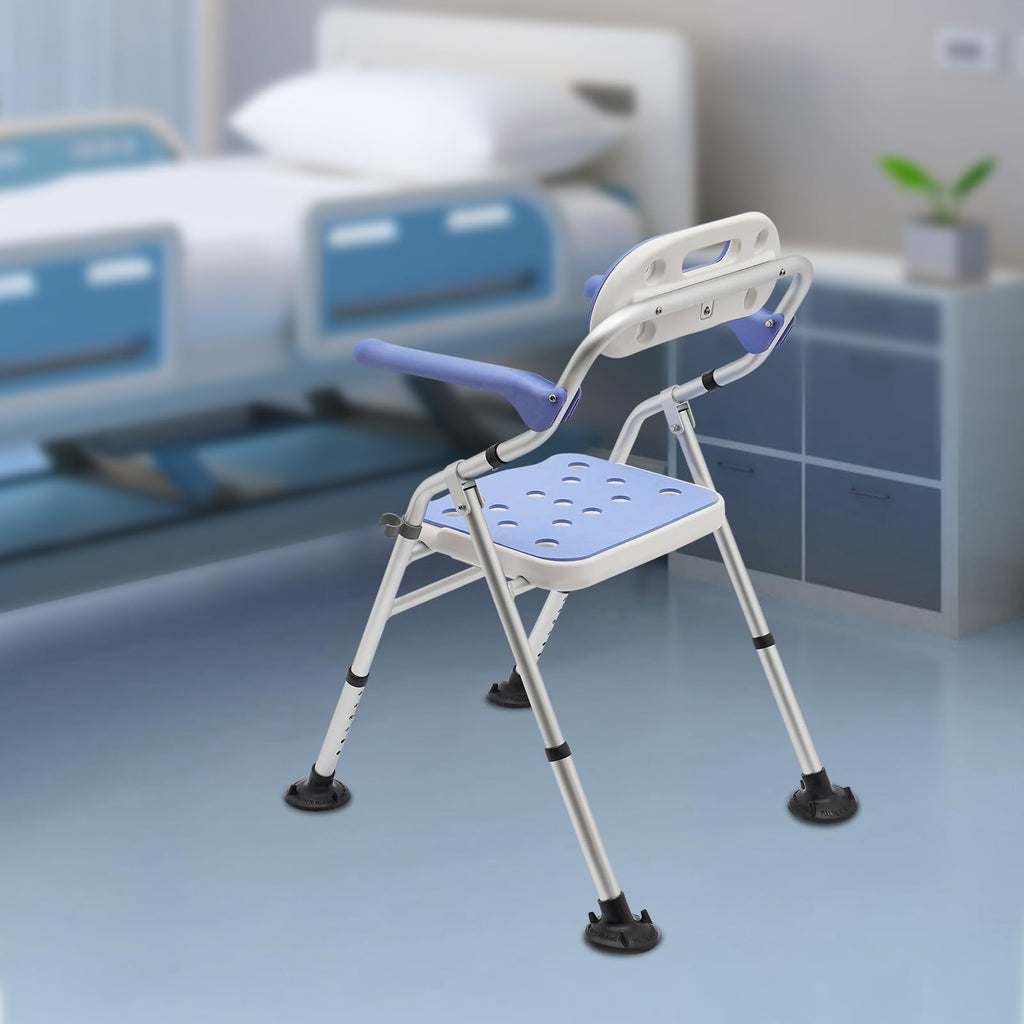 Folding Shower Seat with Arms and Back, Height Adjustable Non-Slip Bath Bench, 330lbs Capacity, Blue P860