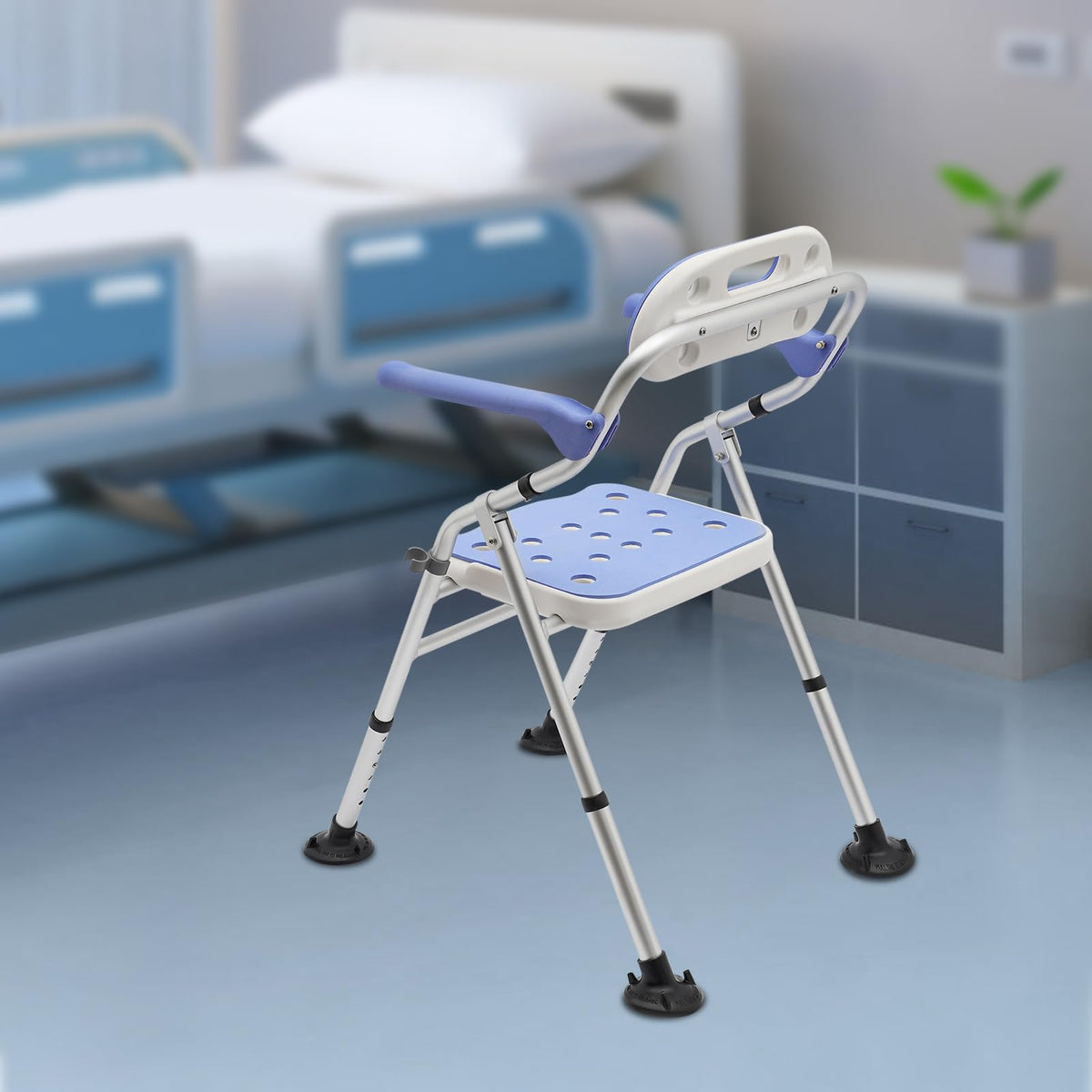 Folding Shower Seat with Arms and Back, Height Adjustable Non-Slip Bath Bench, 330lbs Capacity, Blue P860