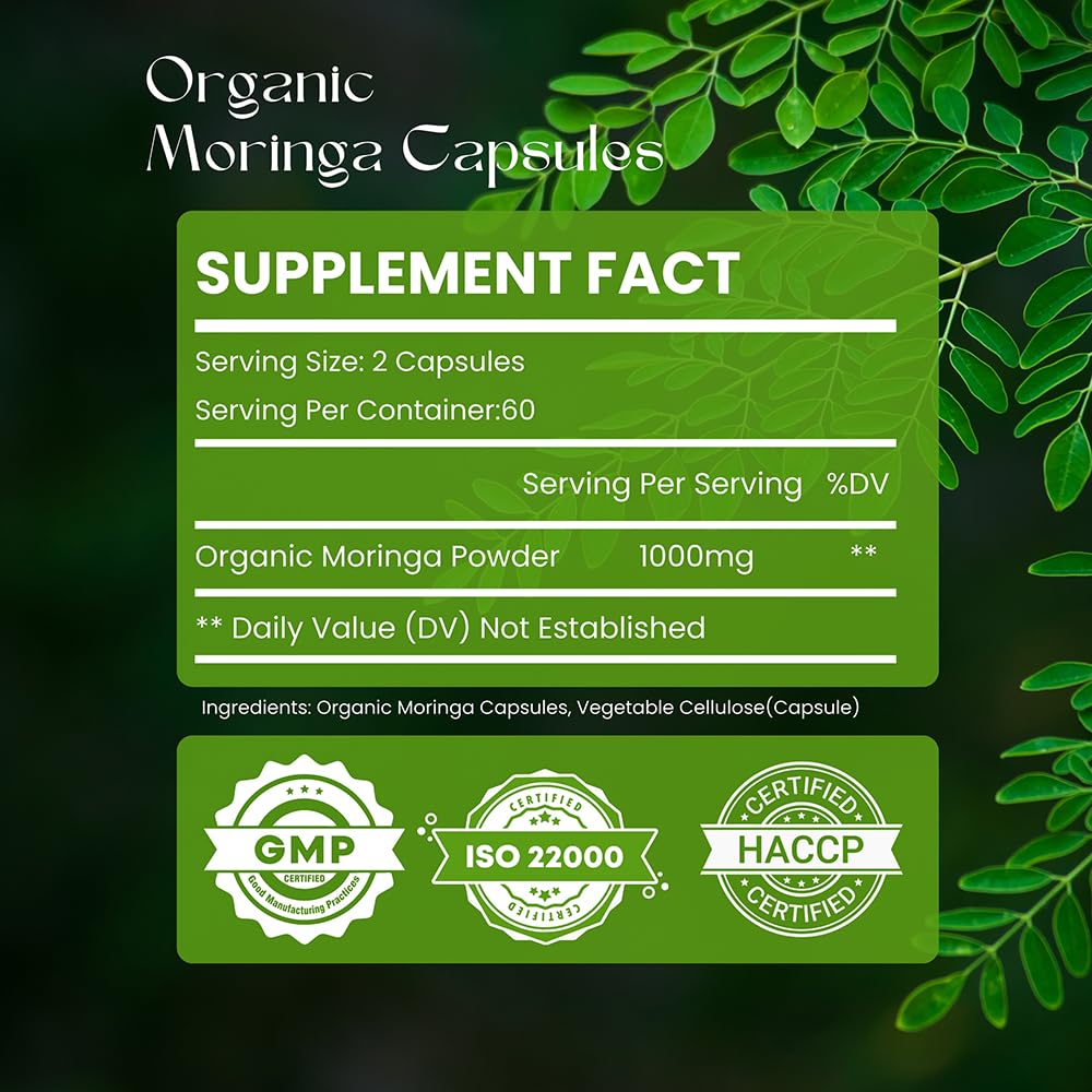 Organic Moringa Capsules 120 Capsules 1000mg Non GMO Gluten Free Y140596