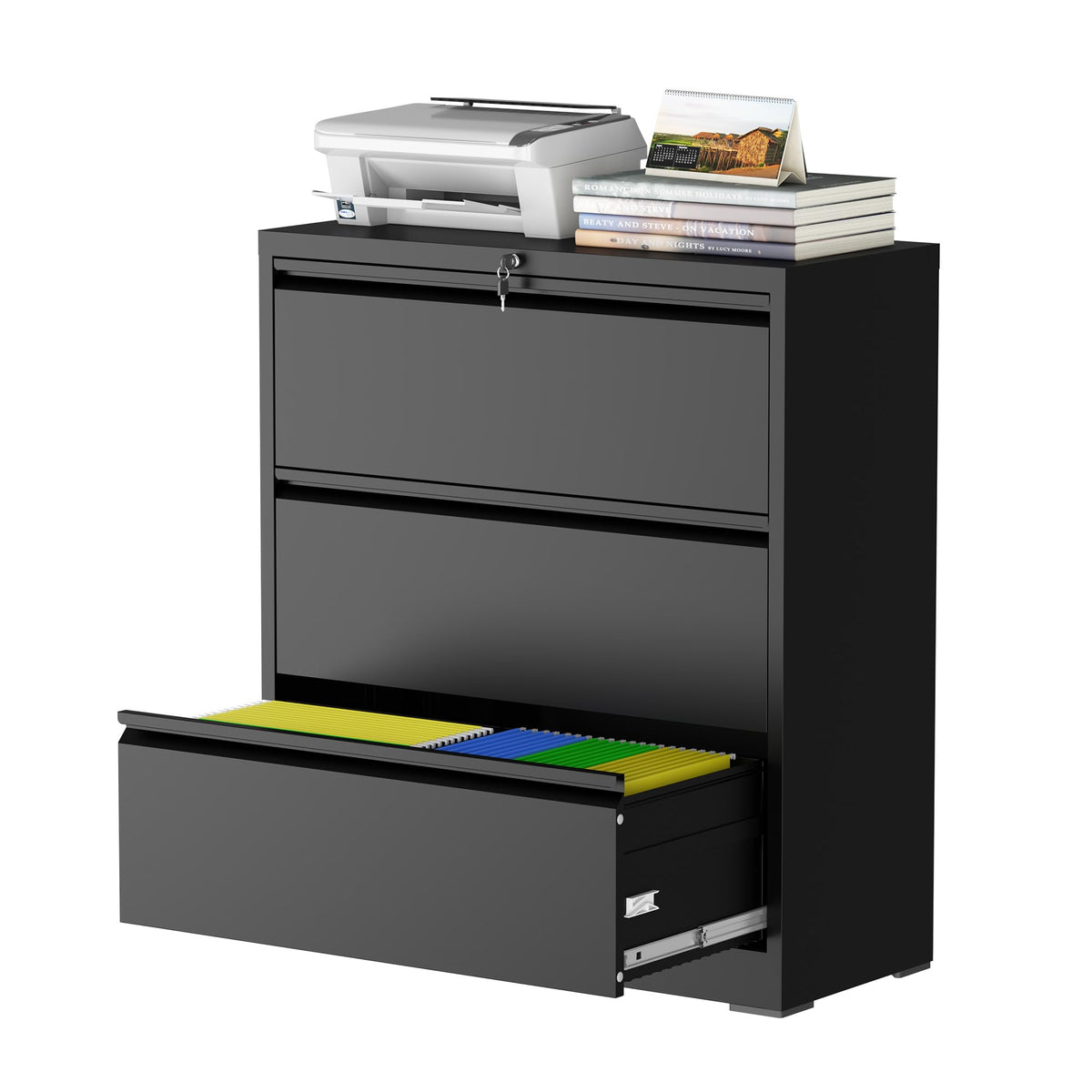 Black 3 Drawer Metal File Cabinet with Lock L5334