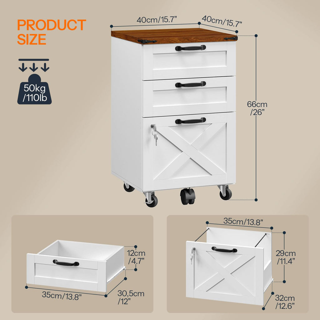 3 Drawer File Cabinet with Lock, Mobile Rolling Office Cabinet, White and Walnut E861521