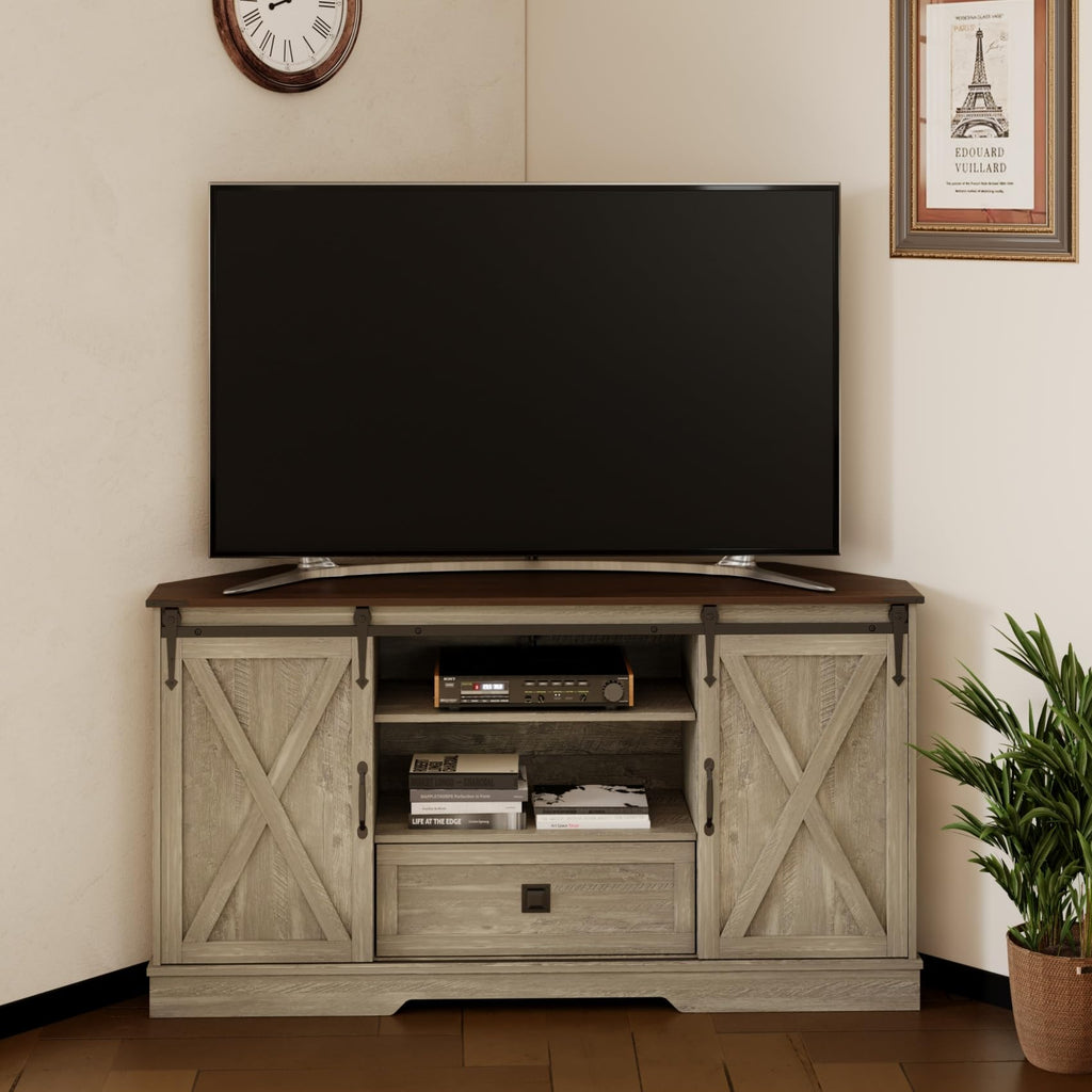 Corner TV Stand with Sliding Barn Door & Removable Shelves V90834