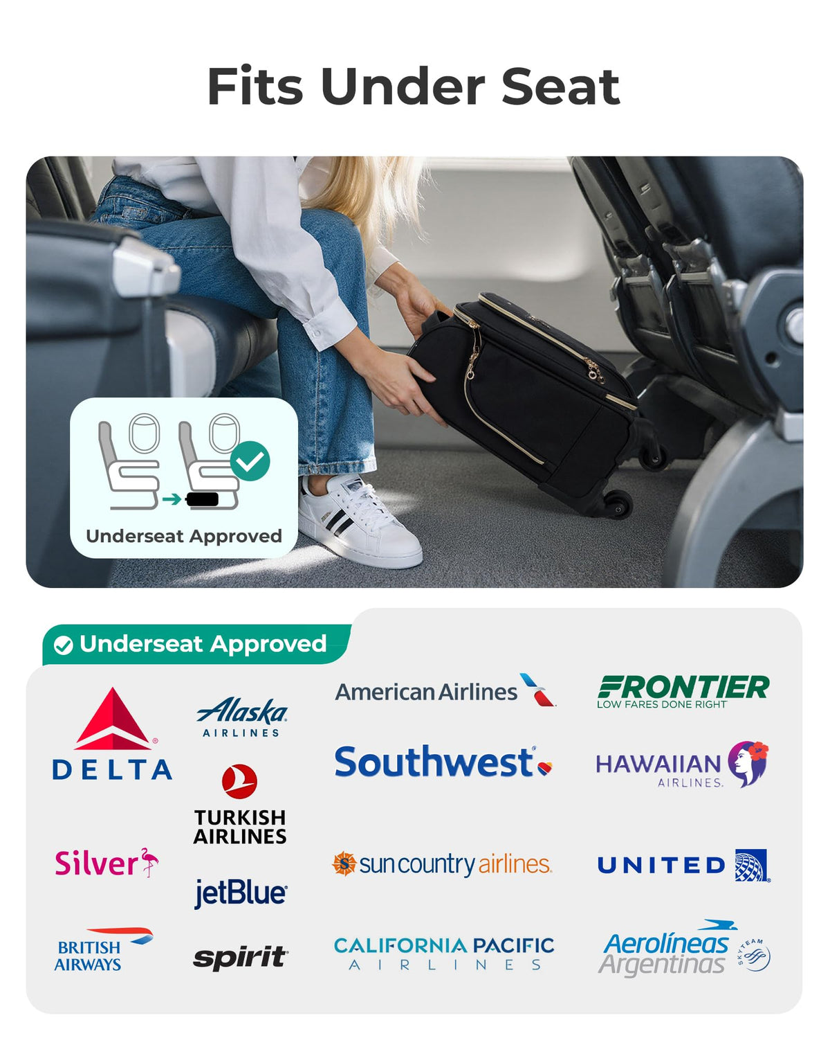 16-inch Softside Underseater Carry On Luggage with Spinner Wheels Black S2717