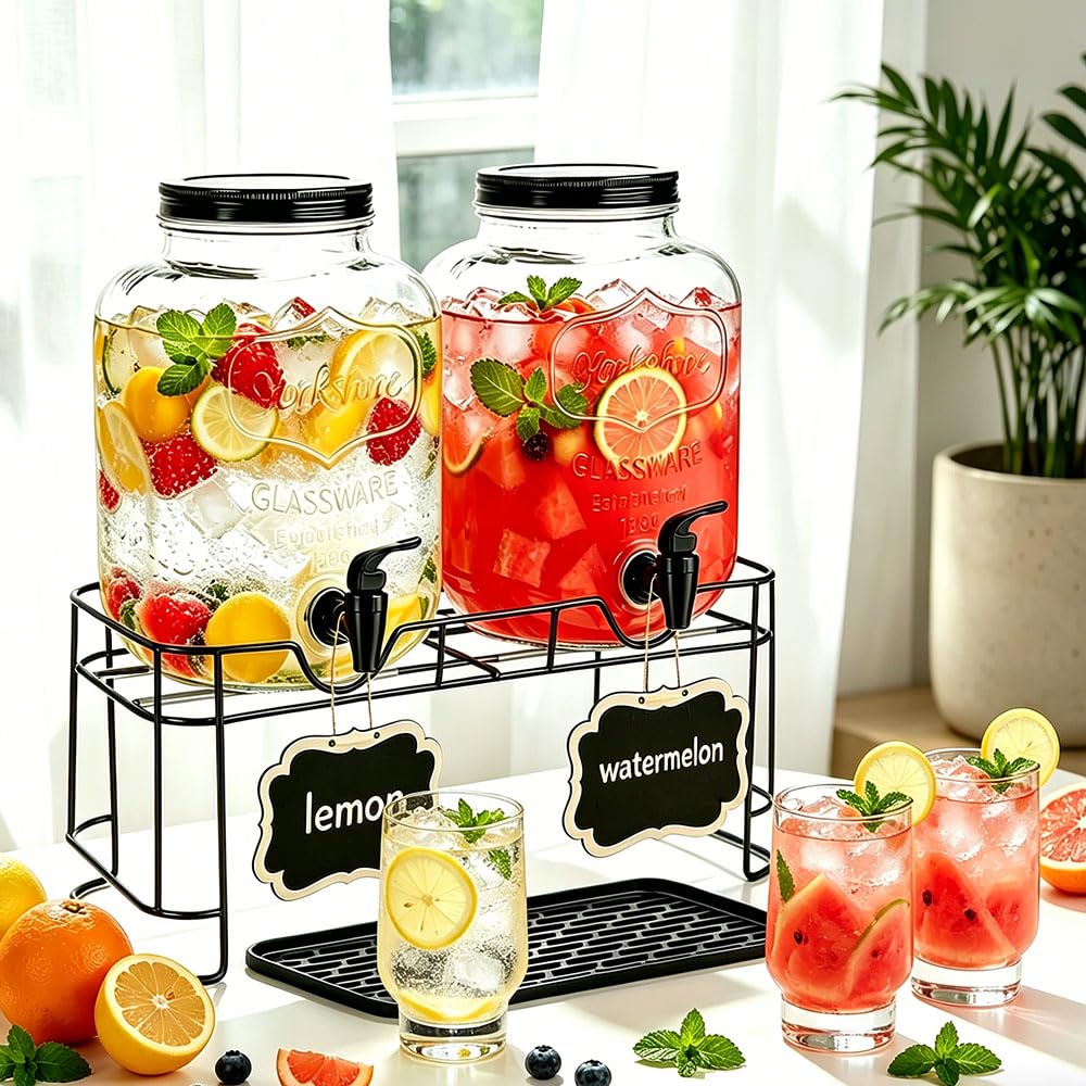 2 Pack 1.5 Gallon Glass Beverage Dispenser with Stand W17073