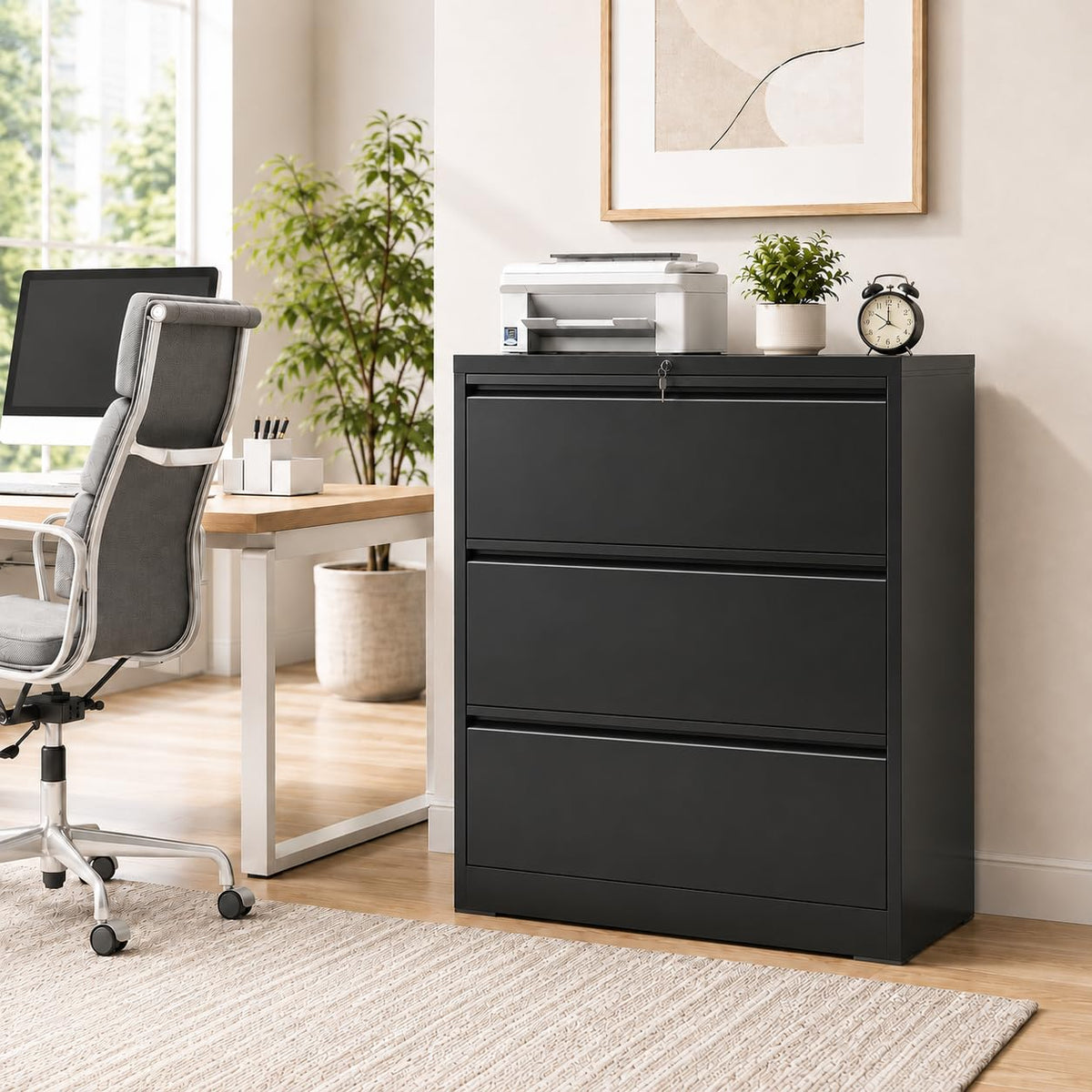Black 3 Drawer Metal File Cabinet with Lock L5334