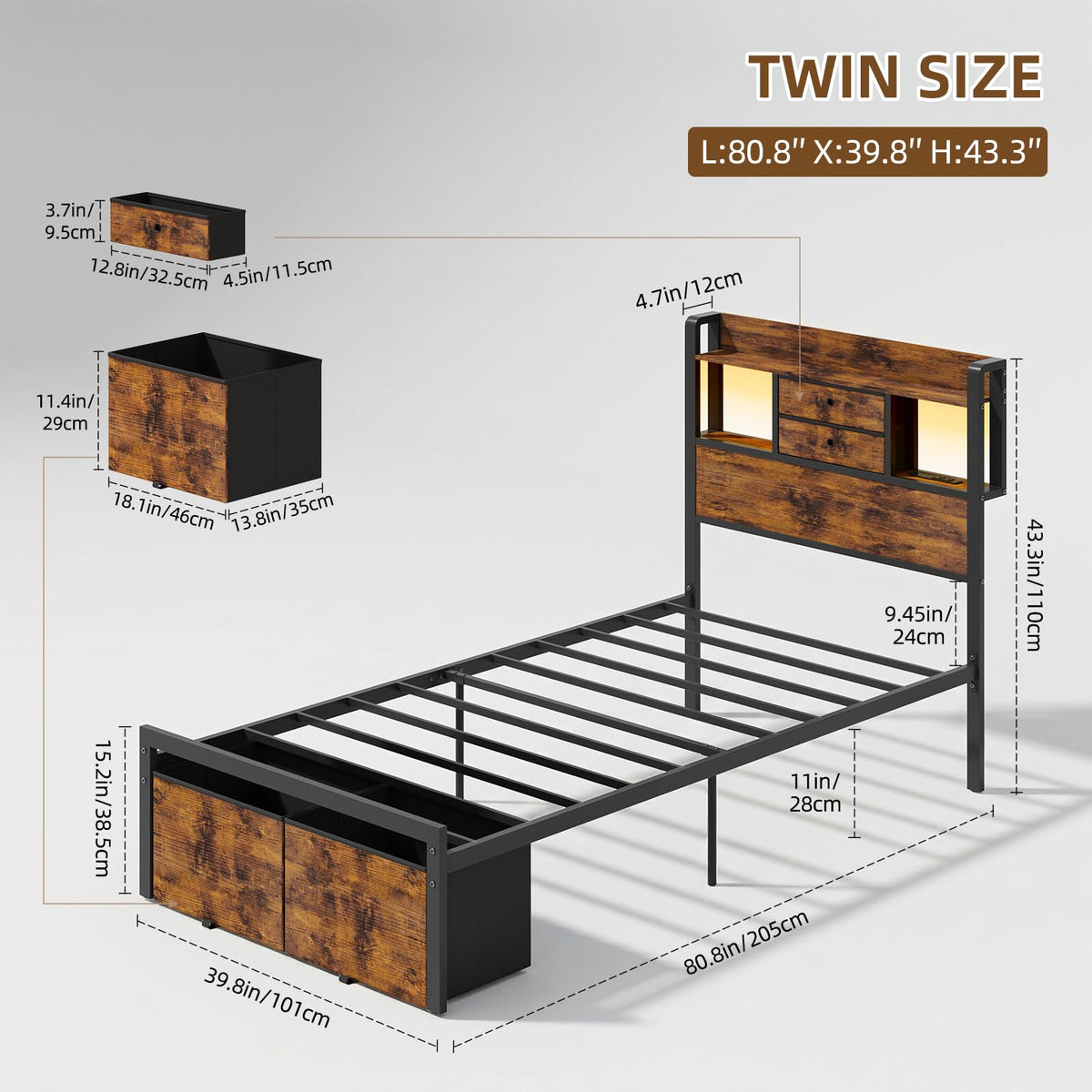 Twin Size Bed Frame with Storage L660