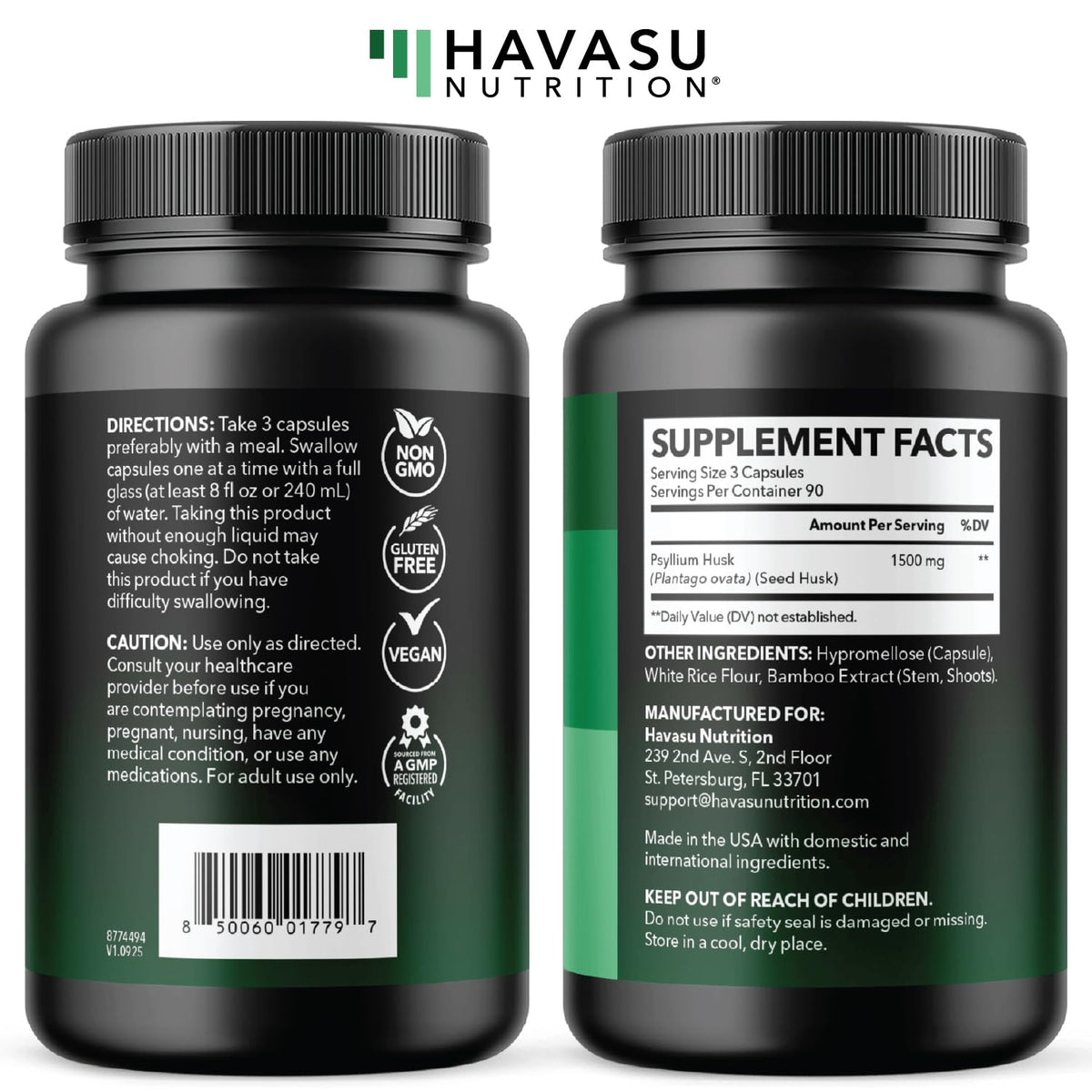 Vegan Psyllium Husk Fiber Capsules 270 Pills B438436