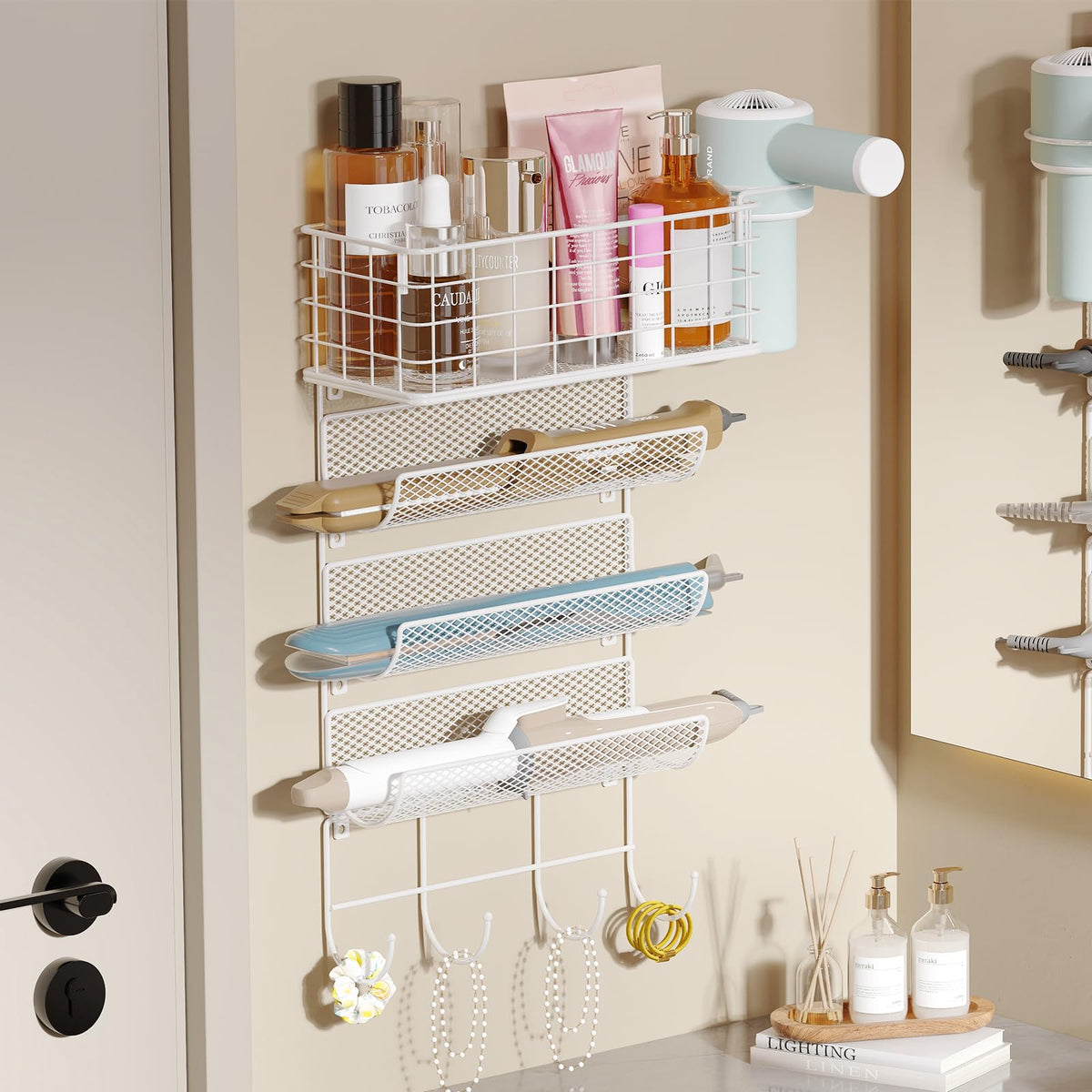 Wall-Mounted Hair Dryer Holder 4-Shelf White M316