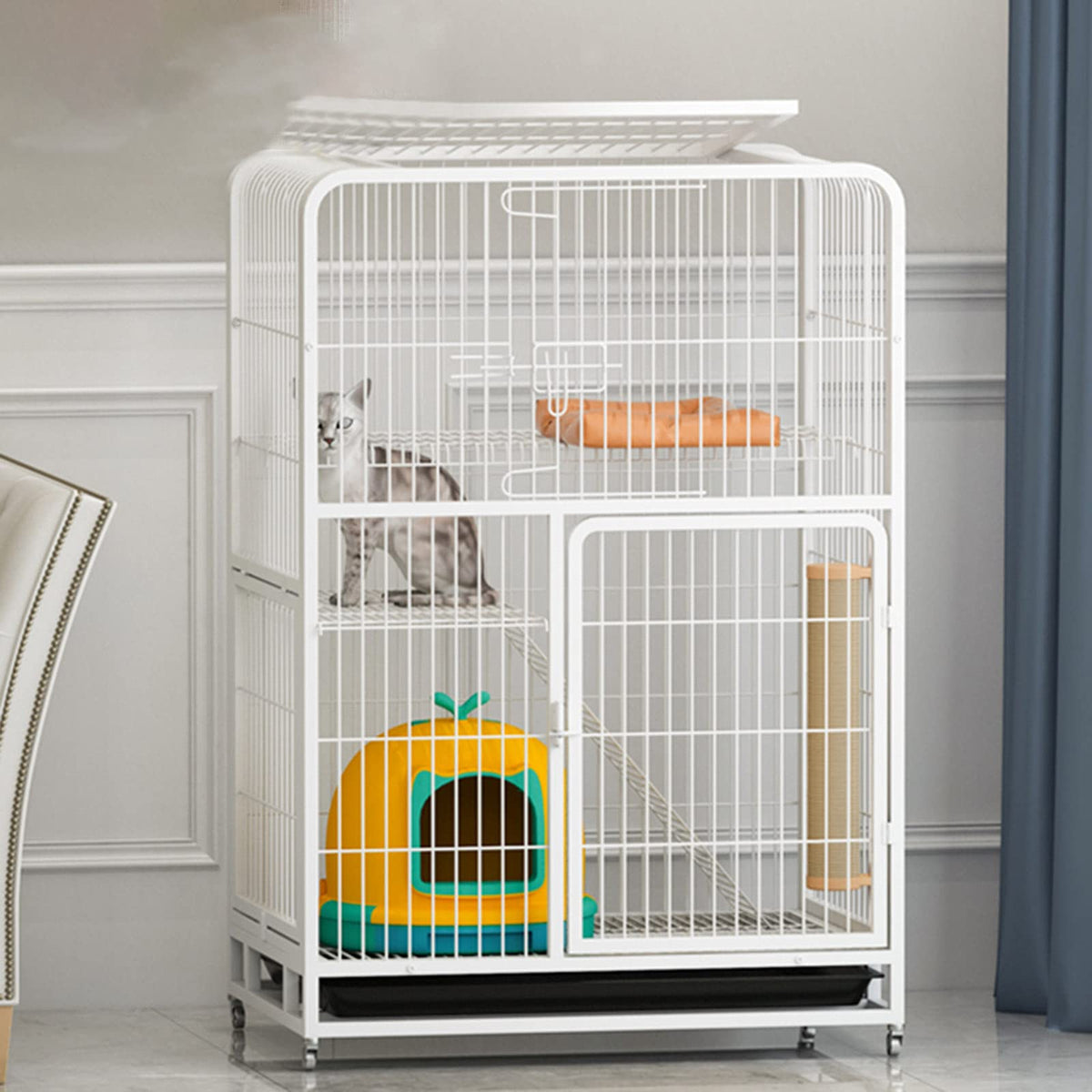 3-Tier Metal Wire Cat Cage with Hammock and Casters D327303