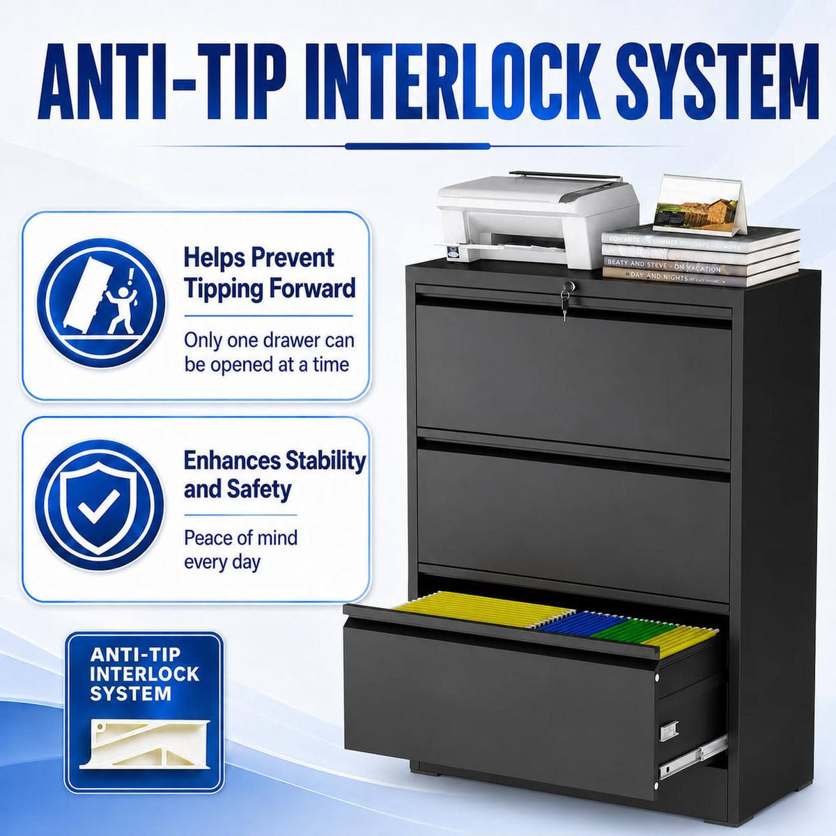 Black 3 Drawer Metal File Cabinet with Lock L5334