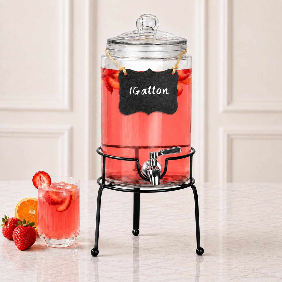1 Gallon Clear Glass Beverage Dispenser with Stand K399