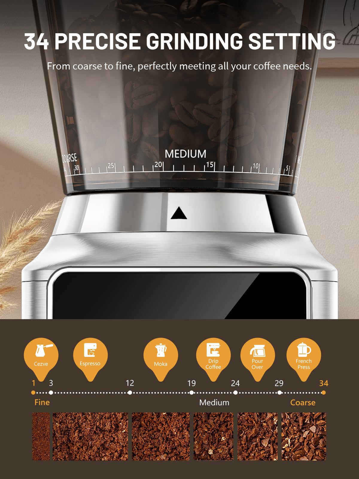 Conical Burr Coffee Grinder with Touch Screen 34 Grind P458