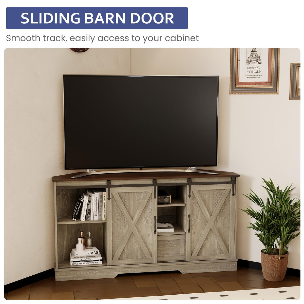 Corner TV Stand with Sliding Barn Door & Removable Shelves V90834