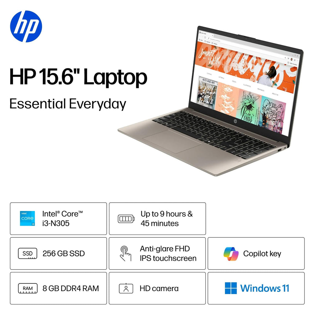 15.6 inch FHD IPS Touchscreen Laptop, Intel Core i3-N305, 8GB DDR4 RAM, 256GB SSD J31689