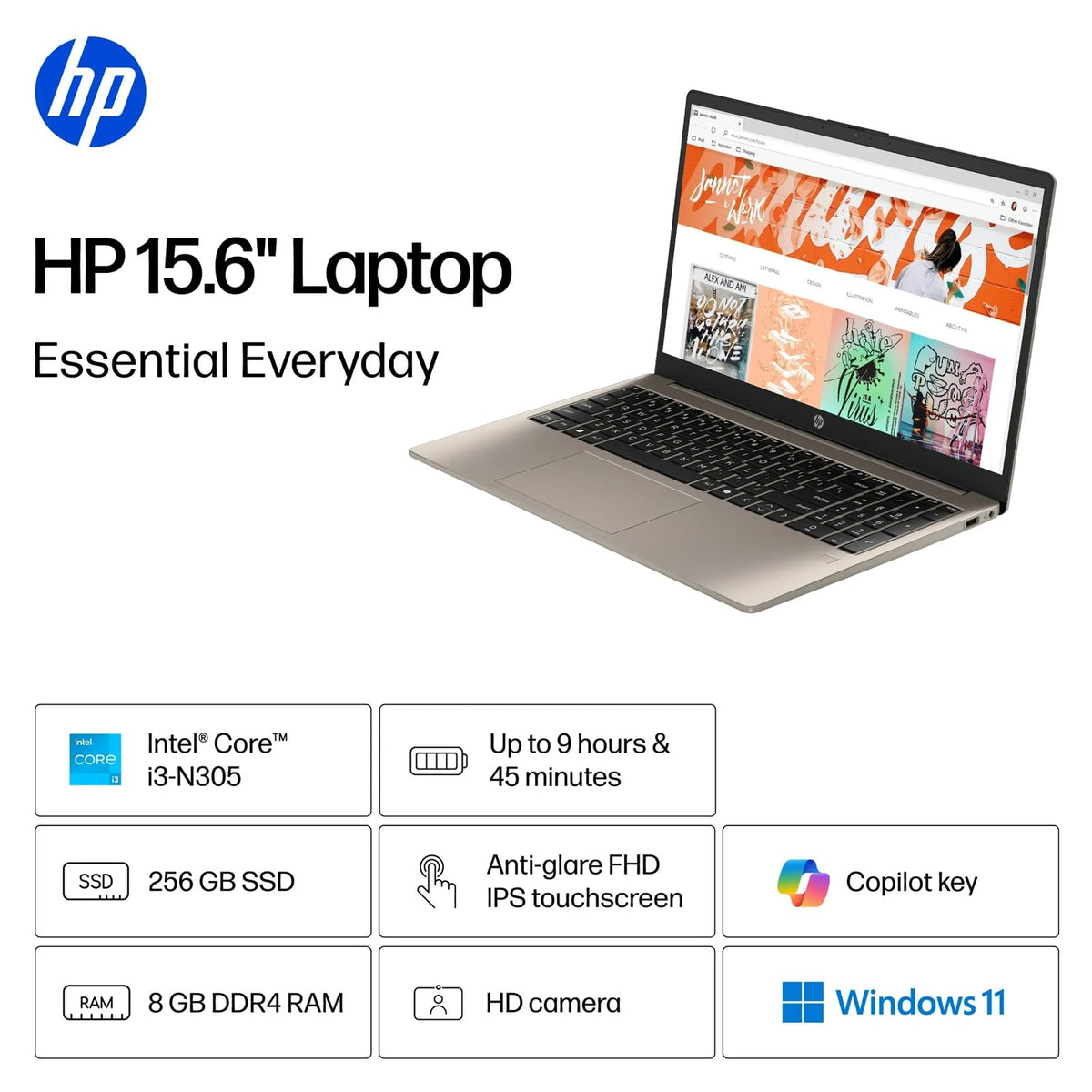 15.6 inch FHD IPS Touchscreen Laptop, Intel Core i3-N305, 8GB DDR4 RAM, 256GB SSD J31689
