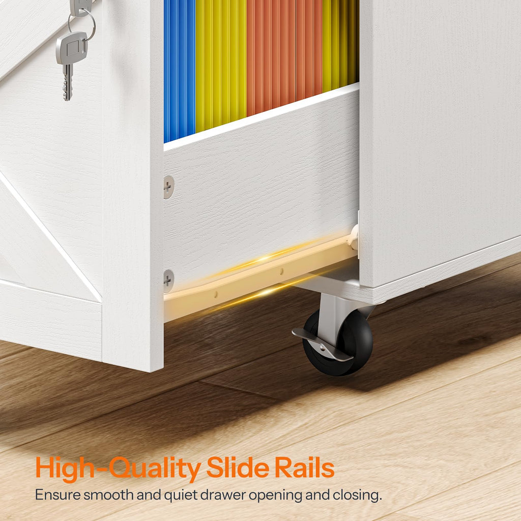 3 Drawer File Cabinet with Lock, Mobile Rolling Office Cabinet, White and Walnut E861521
