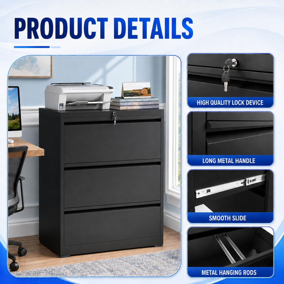 Black 3 Drawer Metal File Cabinet with Lock L5334