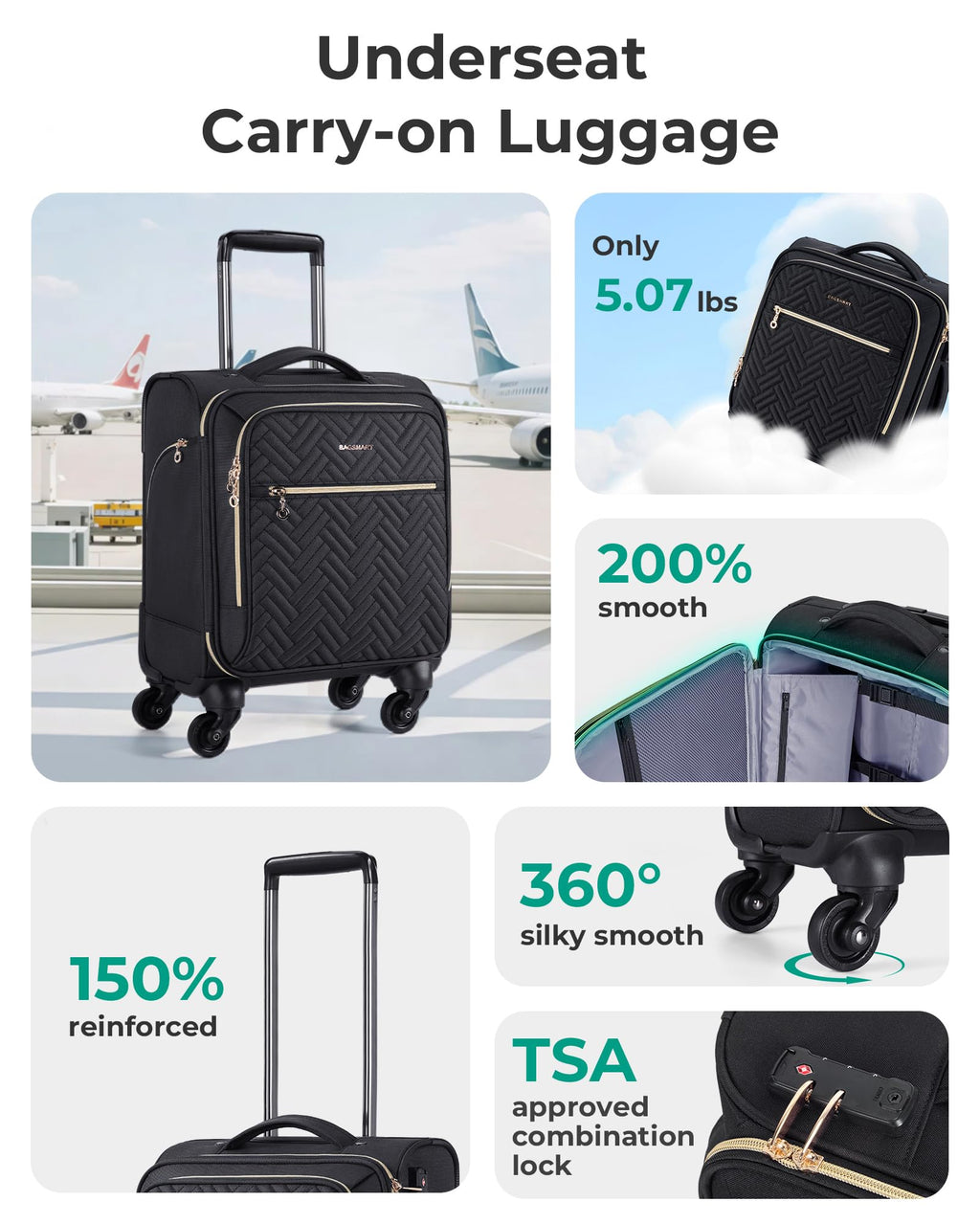 16-inch Softside Underseater Carry On Luggage with Spinner Wheels Black S2717