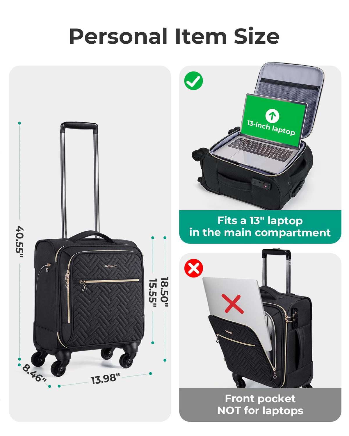 16-inch Softside Underseater Carry On Luggage with Spinner Wheels Black S2717