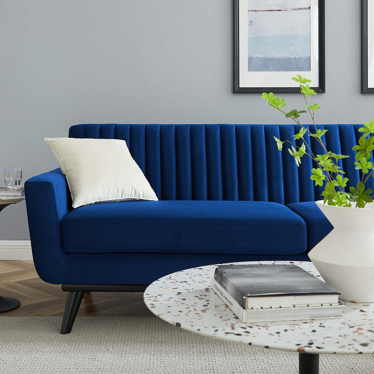 Navy Channel Tufted Performance Velvet Sofa T4139