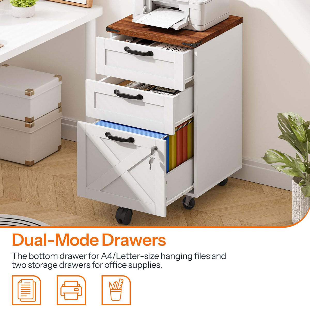 3 Drawer File Cabinet with Lock, Mobile Rolling Office Cabinet, White and Walnut E861521