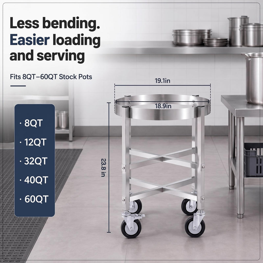 23.8 Inch Stainless Steel Stock Pot Dolly with Locking Casters S15865