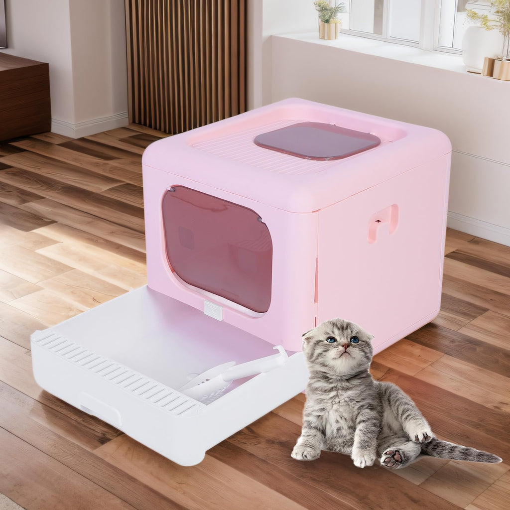Foldable Top Entry Cat Litter Box with Lid and Scoop Large Size Pink C6962