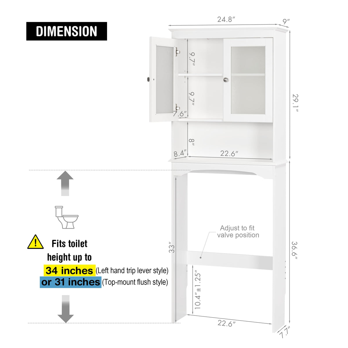 Over the Toilet Storage Cabinet with Tempered Glass Doors V22724