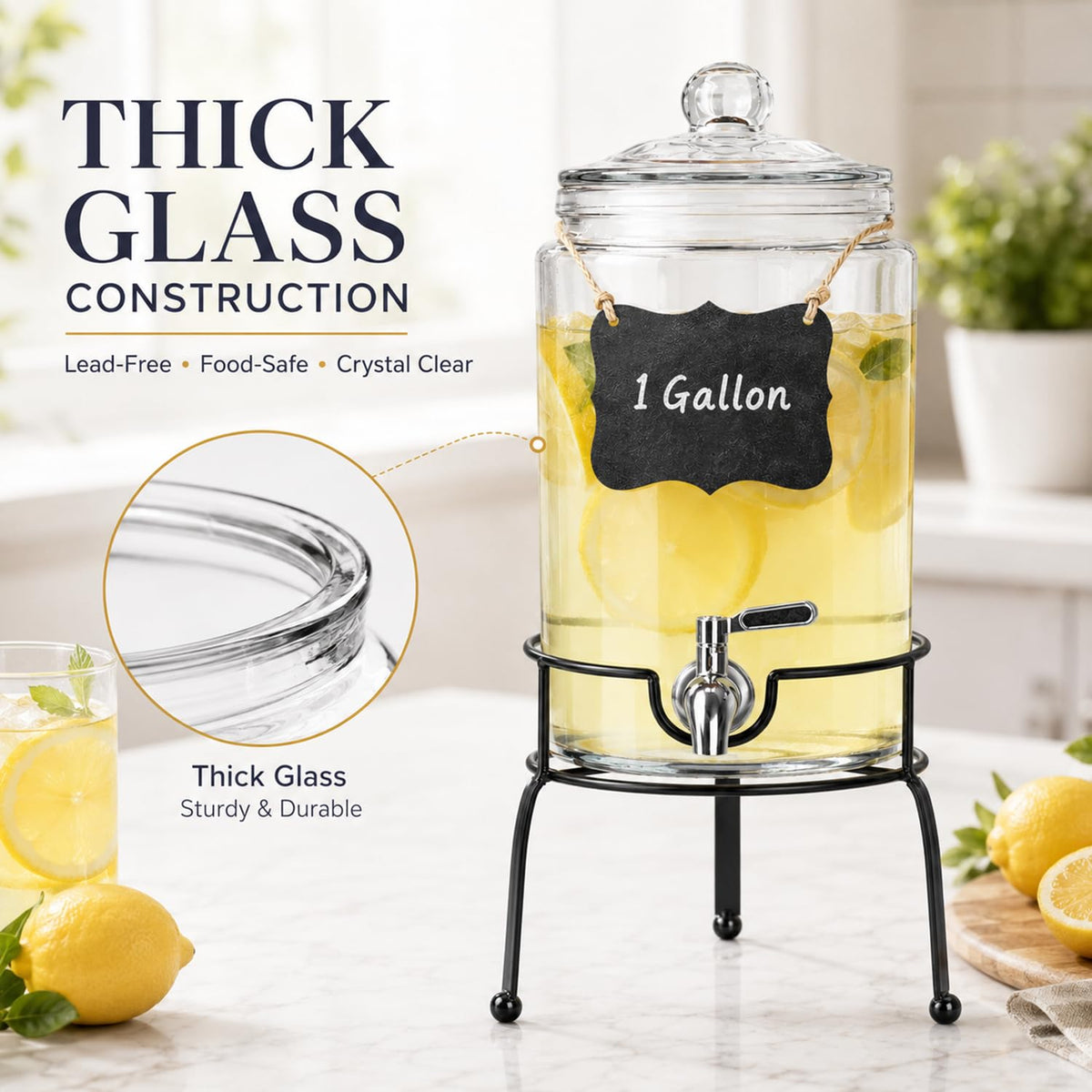 1 Gallon Clear Glass Beverage Dispenser with Stand K399