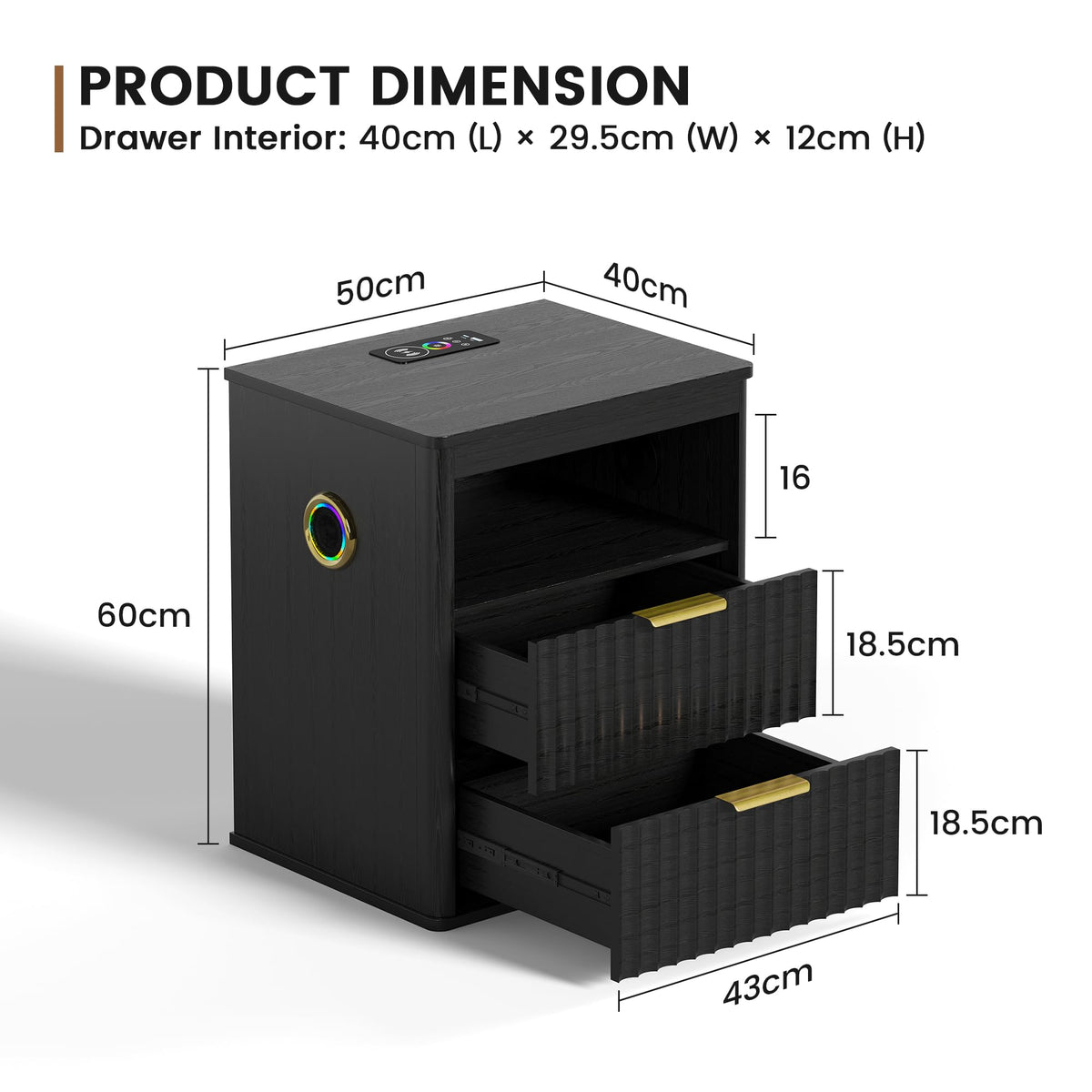 Black Smart Nightstand with Bluetooth Speaker, LED Lights, Wireless Charging, 2 Drawers & Open Shelf K87791