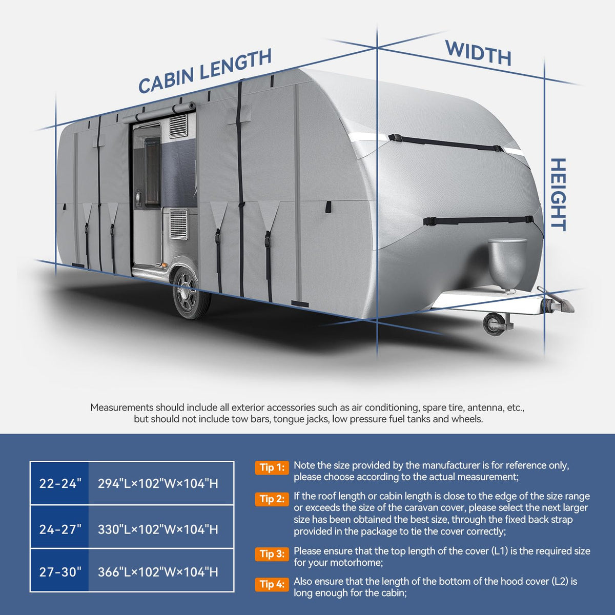 300D Oxford 27-30ft Camper Cover with Jack Cover, 4 Tire Covers and Gutter Cover O302