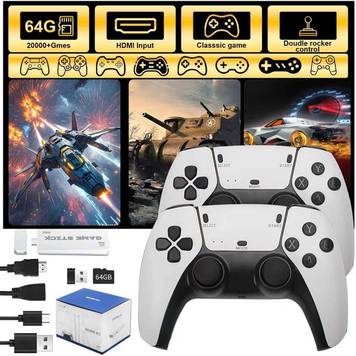 Retro Game Stick Console with 4K HDMI Output, 64GB Memory Card, and 2.4GHz Wireless Controllers B89865