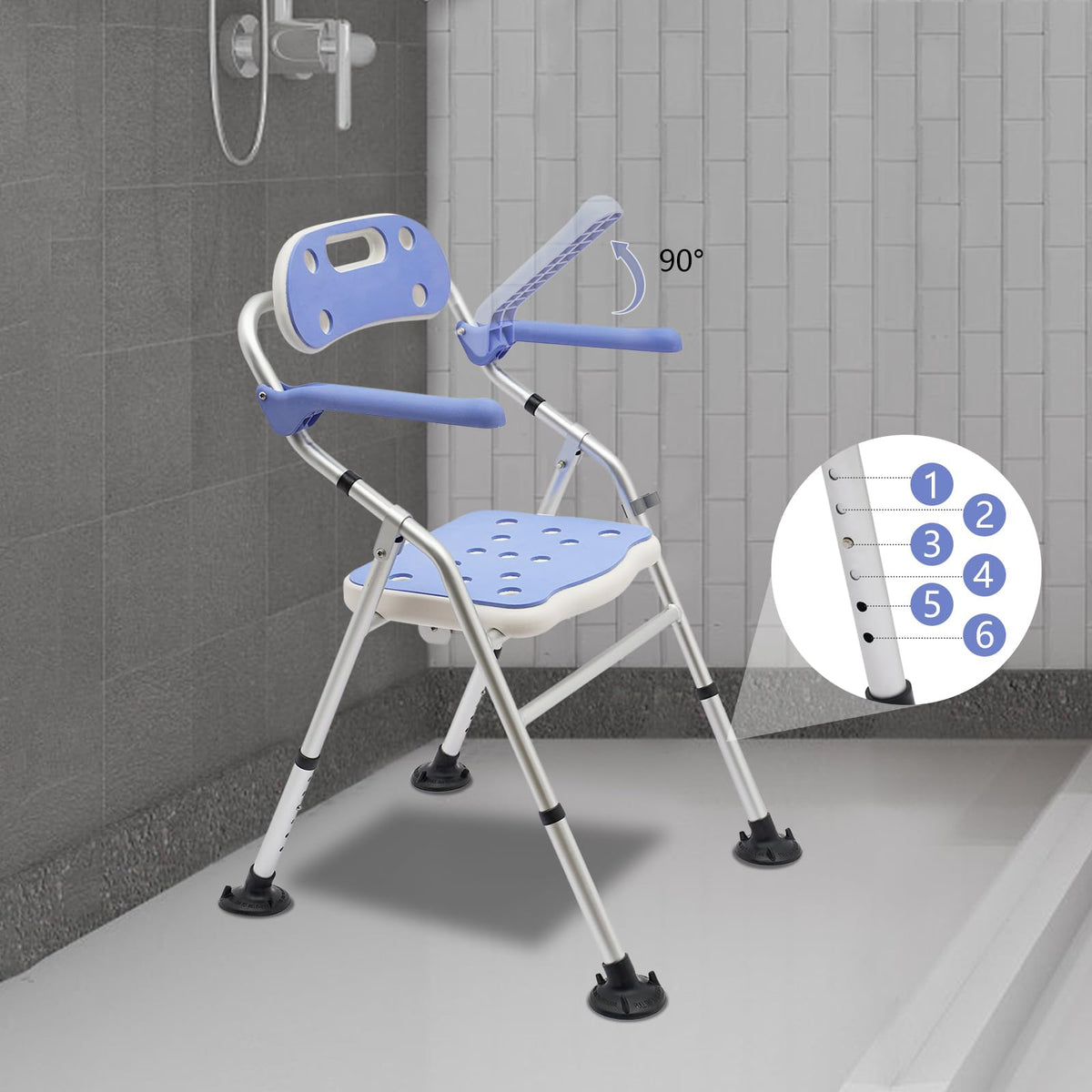 Folding Shower Seat with Arms and Back, Height Adjustable Non-Slip Bath Bench, 330lbs Capacity, Blue P860