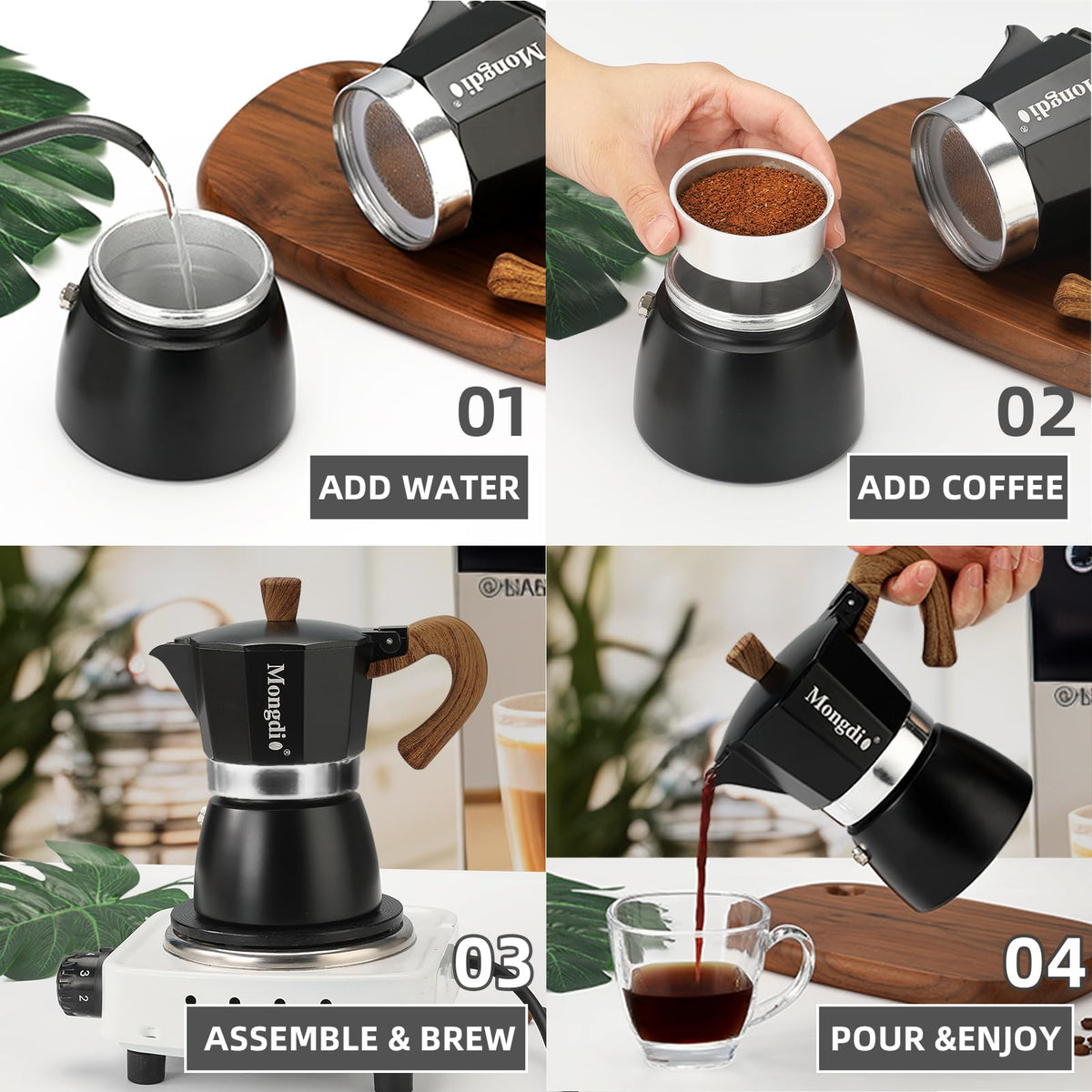 Stovetop Espresso Maker Moka Pot, 6 Cup 10 oz Black E196977