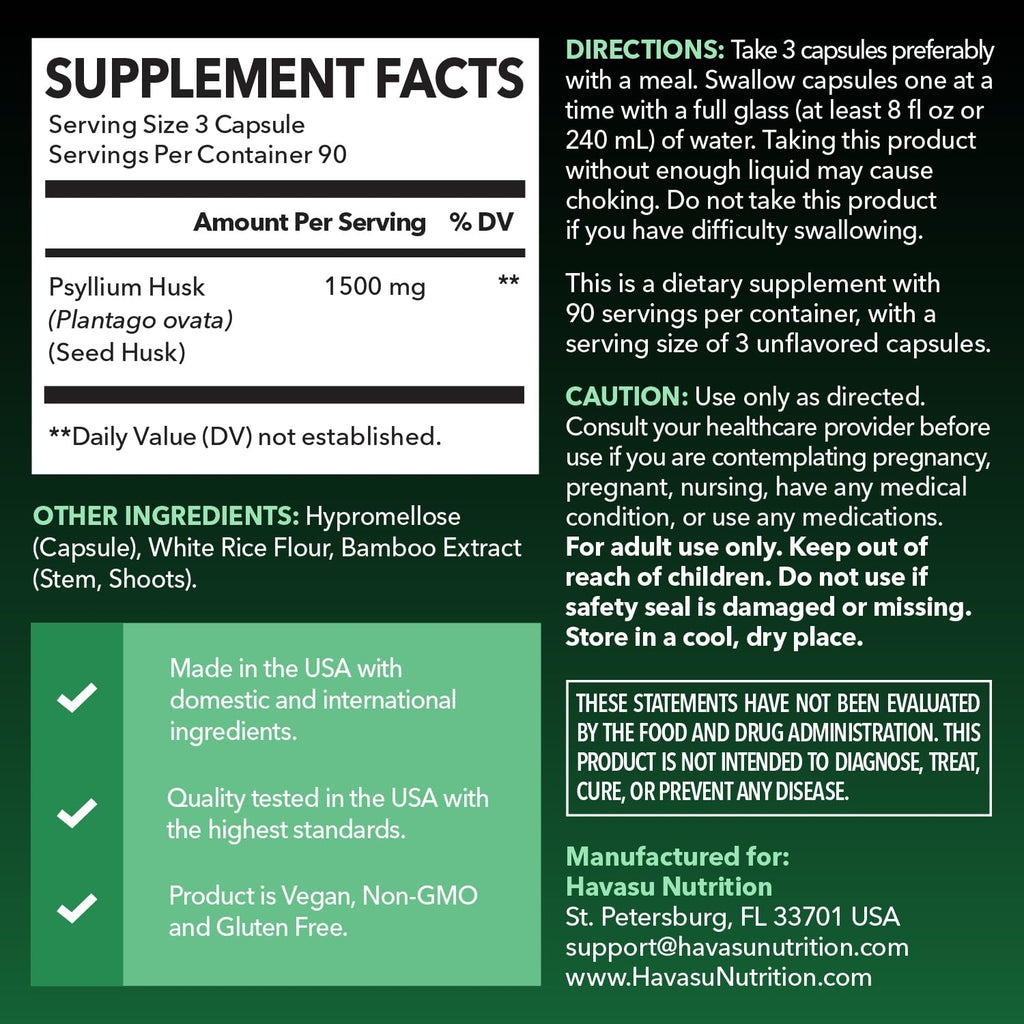 Vegan Psyllium Husk Fiber Capsules 270 Pills B438436