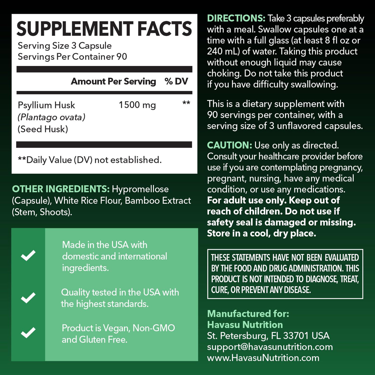 Vegan Psyllium Husk Fiber Capsules 270 Pills B438436
