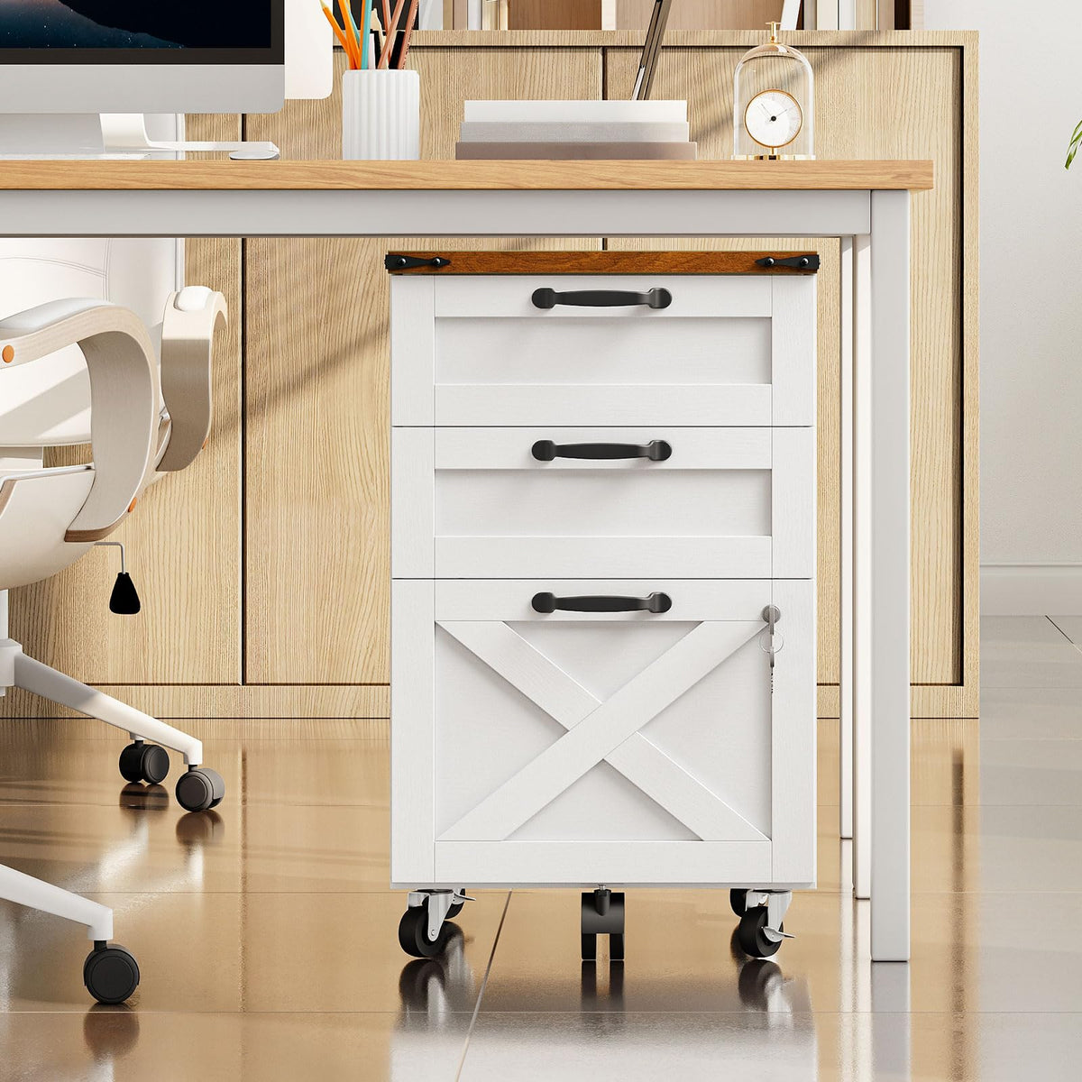 3 Drawer File Cabinet with Lock, Mobile Rolling Office Cabinet, White and Walnut E861521