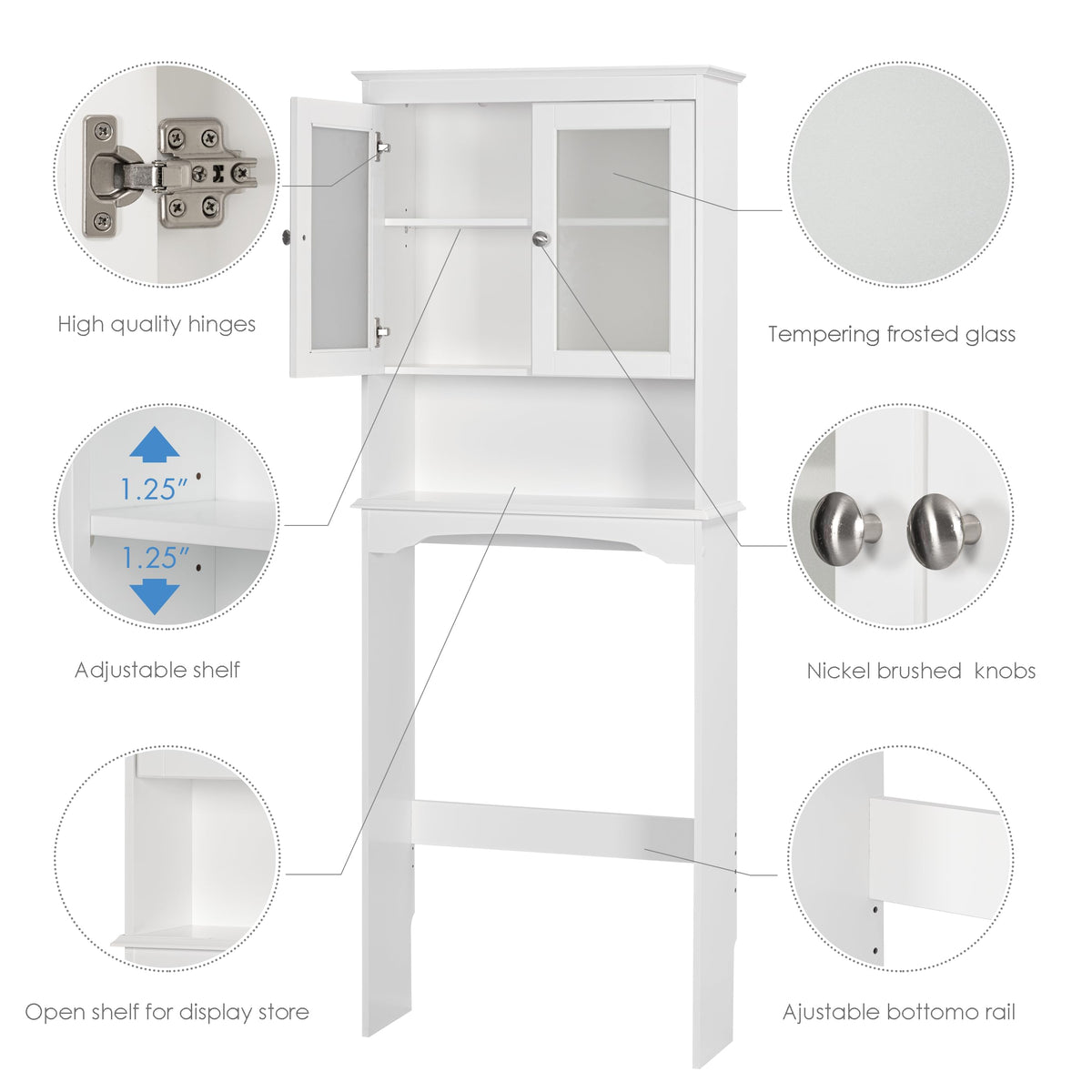 Over the Toilet Storage Cabinet with Tempered Glass Doors V22724