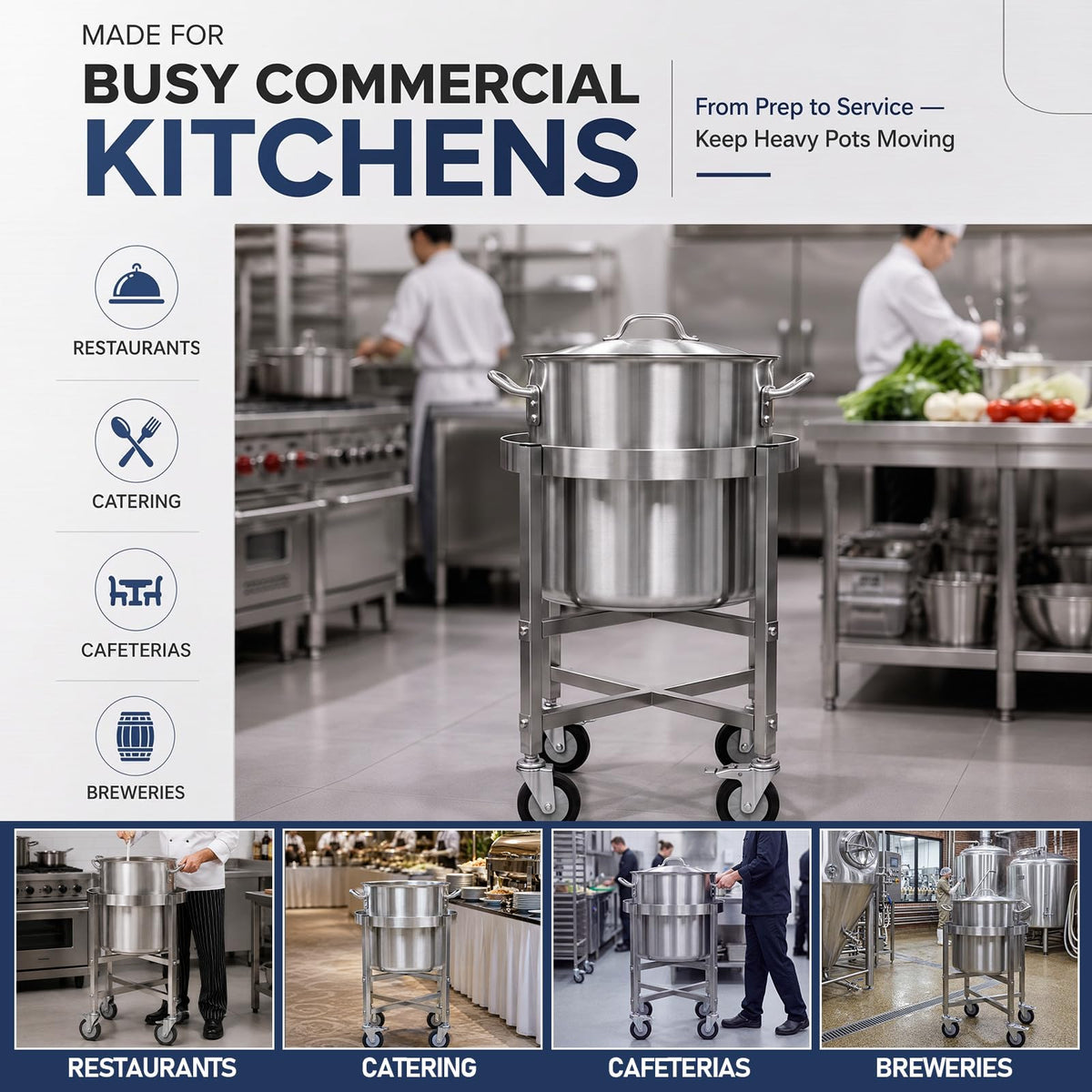 23.8 Inch Stainless Steel Stock Pot Dolly with Locking Casters S15865