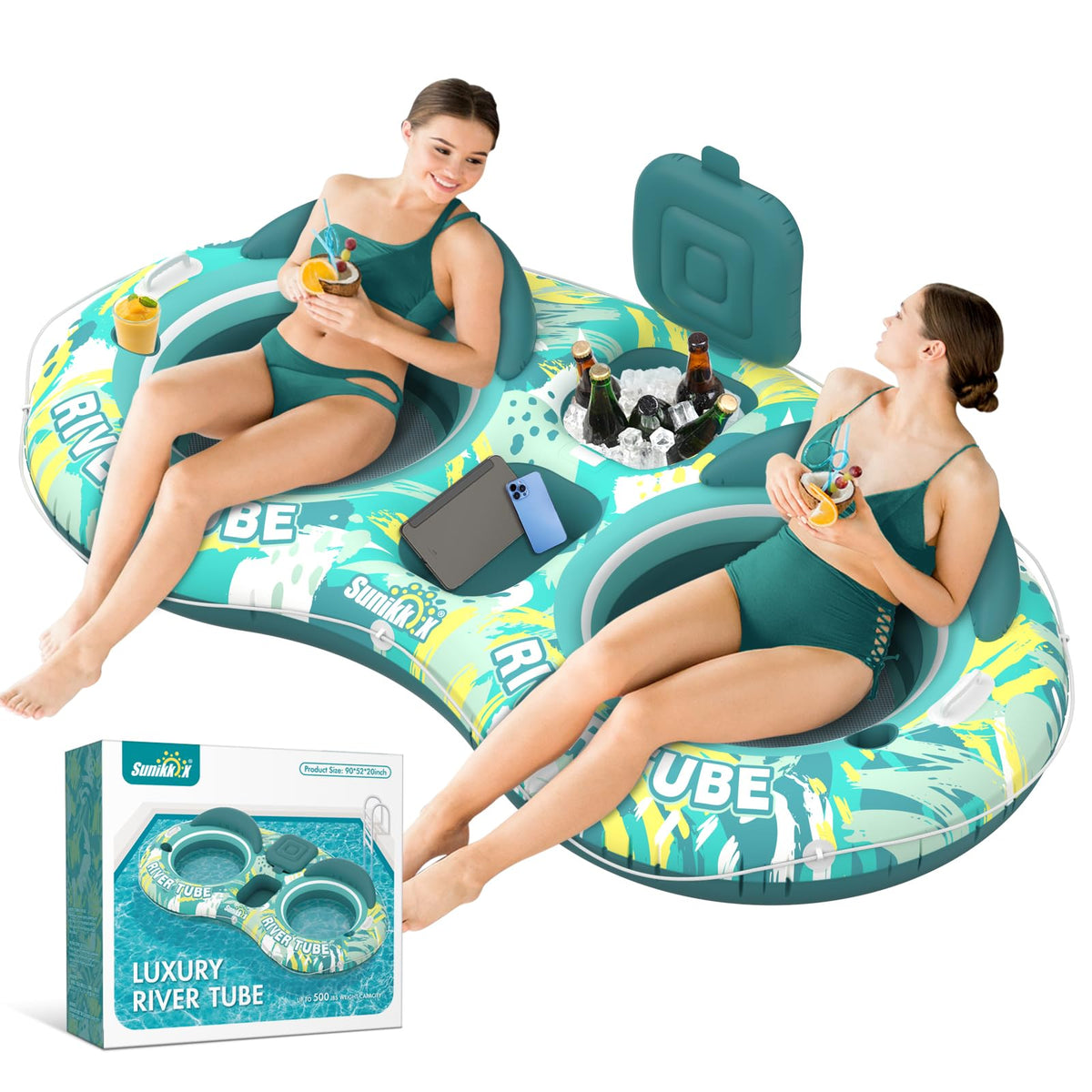5-in-1 Pool Floats 2 Person River Tube with Backrests Built-in Cooler C1826
