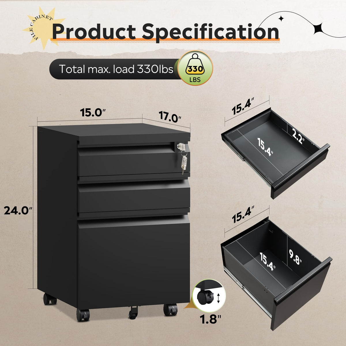 3 Drawer Mobile File Cabinet with Lock J7338