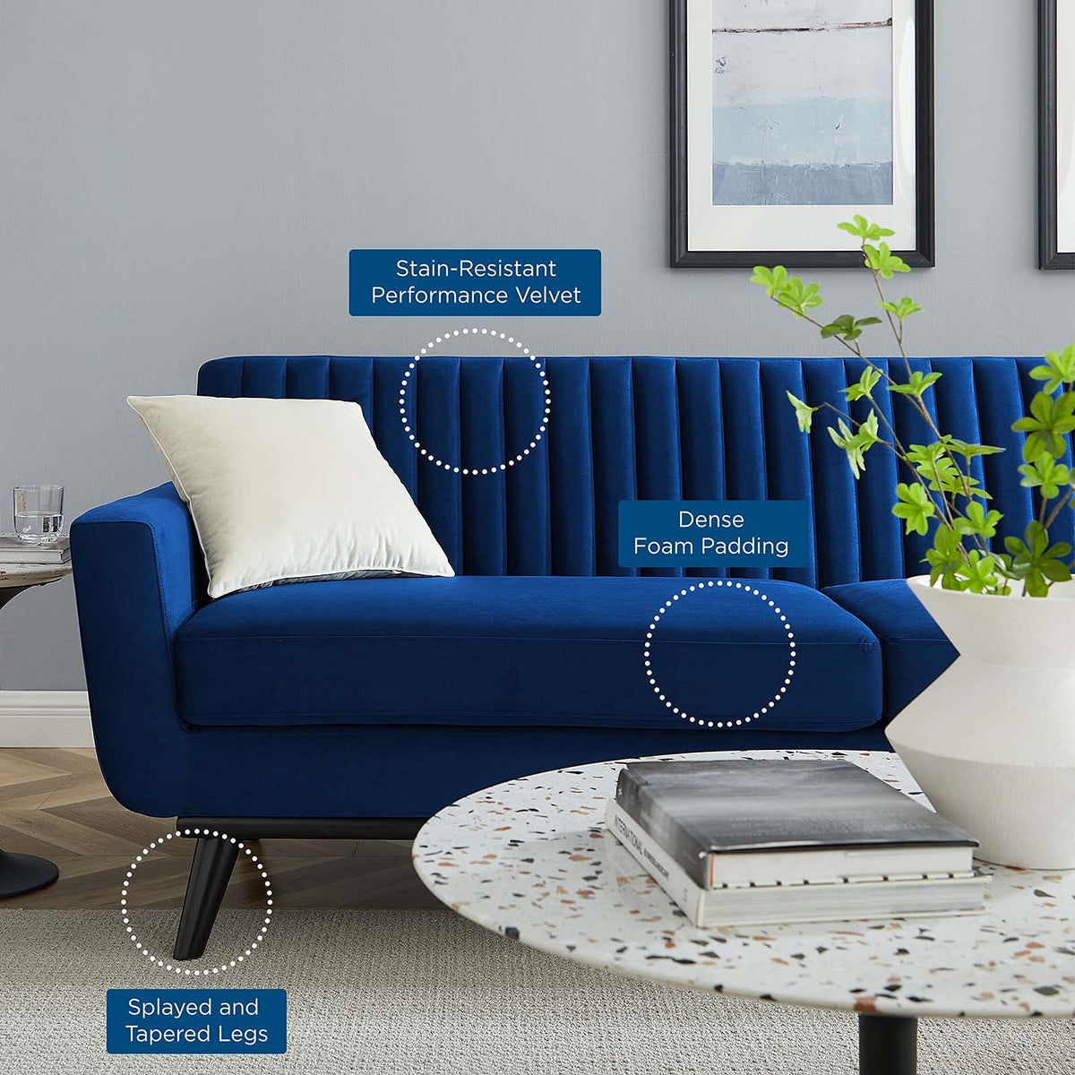 Navy Channel Tufted Performance Velvet Sofa T4139