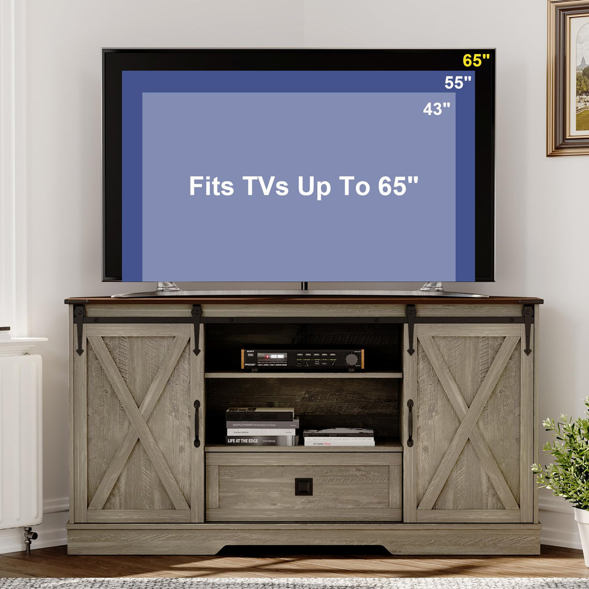 Corner TV Stand with Sliding Barn Door & Removable Shelves V90834
