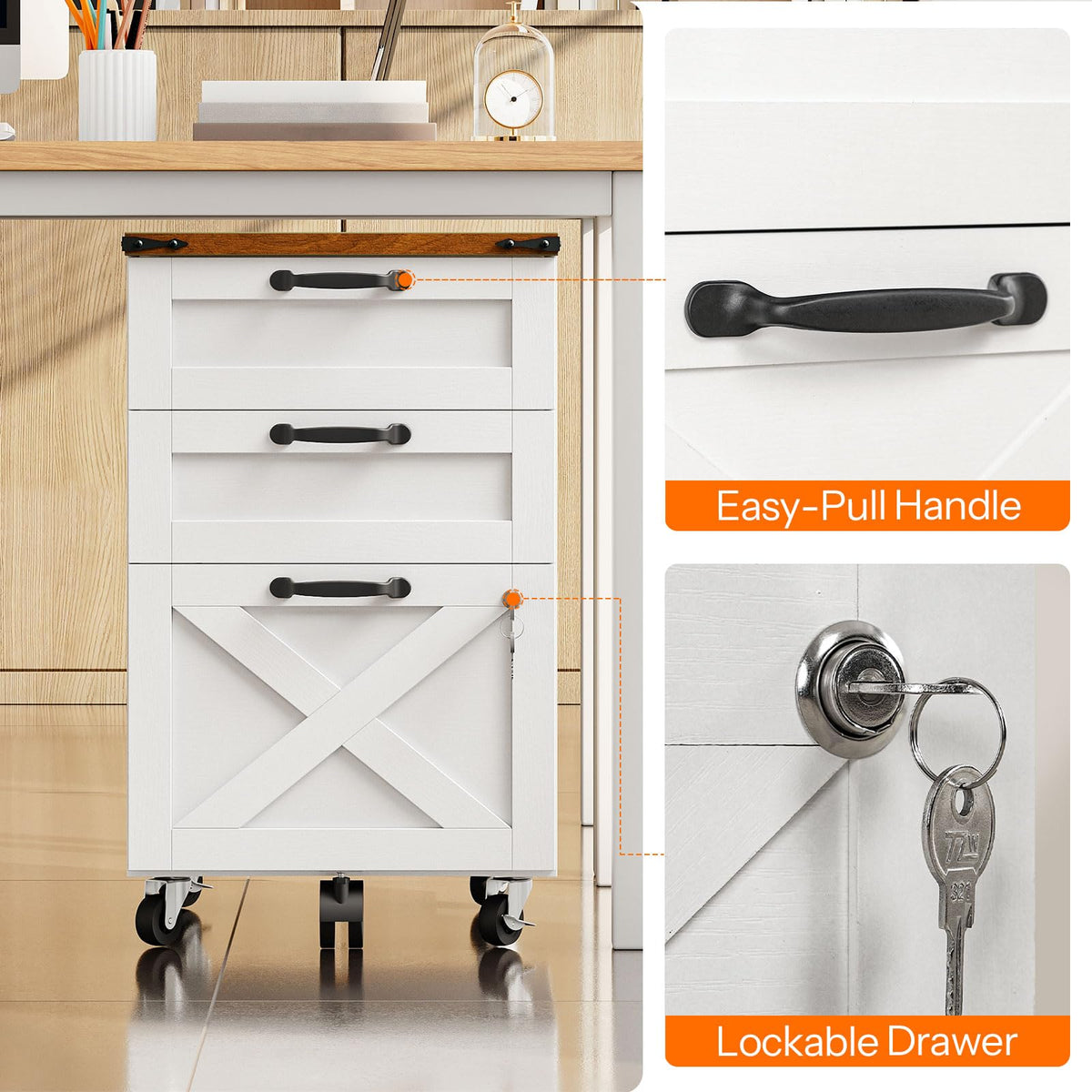 3 Drawer File Cabinet with Lock, Mobile Rolling Office Cabinet, White and Walnut E861521