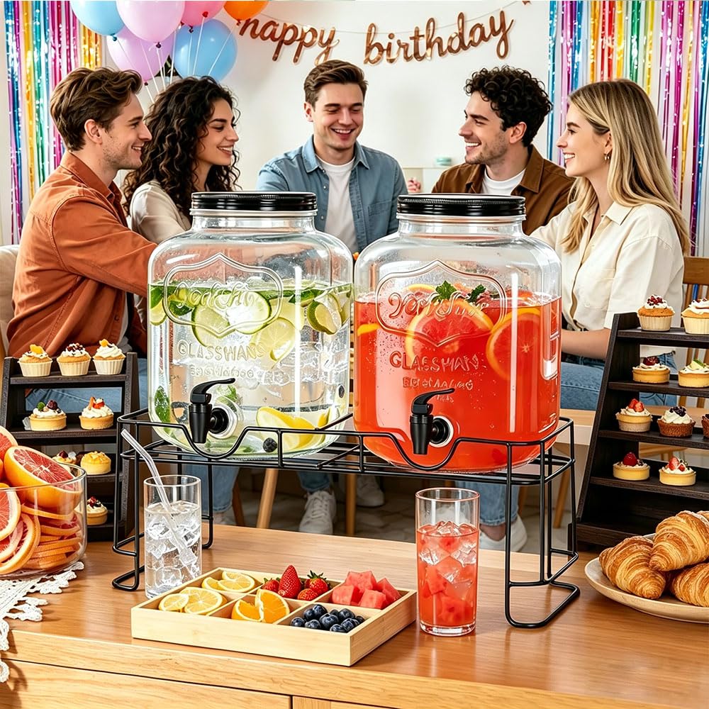 2 Pack 1.5 Gallon Glass Beverage Dispenser with Stand W17073