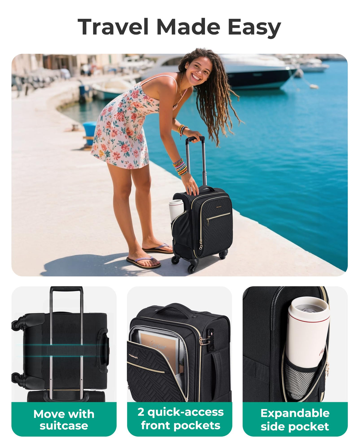 16-inch Softside Underseater Carry On Luggage with Spinner Wheels Black S2717